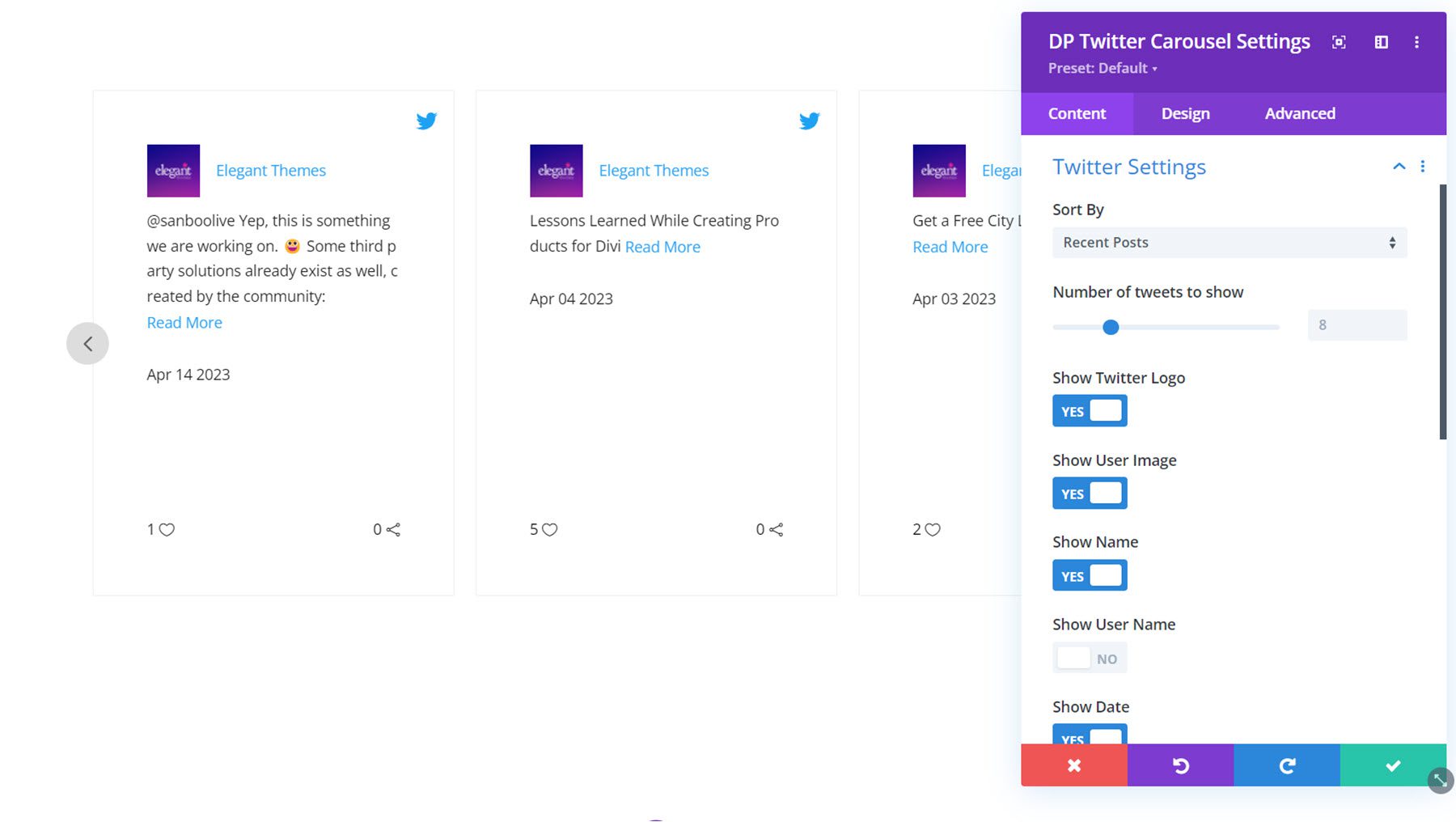 Paramètres Twitter du carrousel Twitter de Divi Social Plus