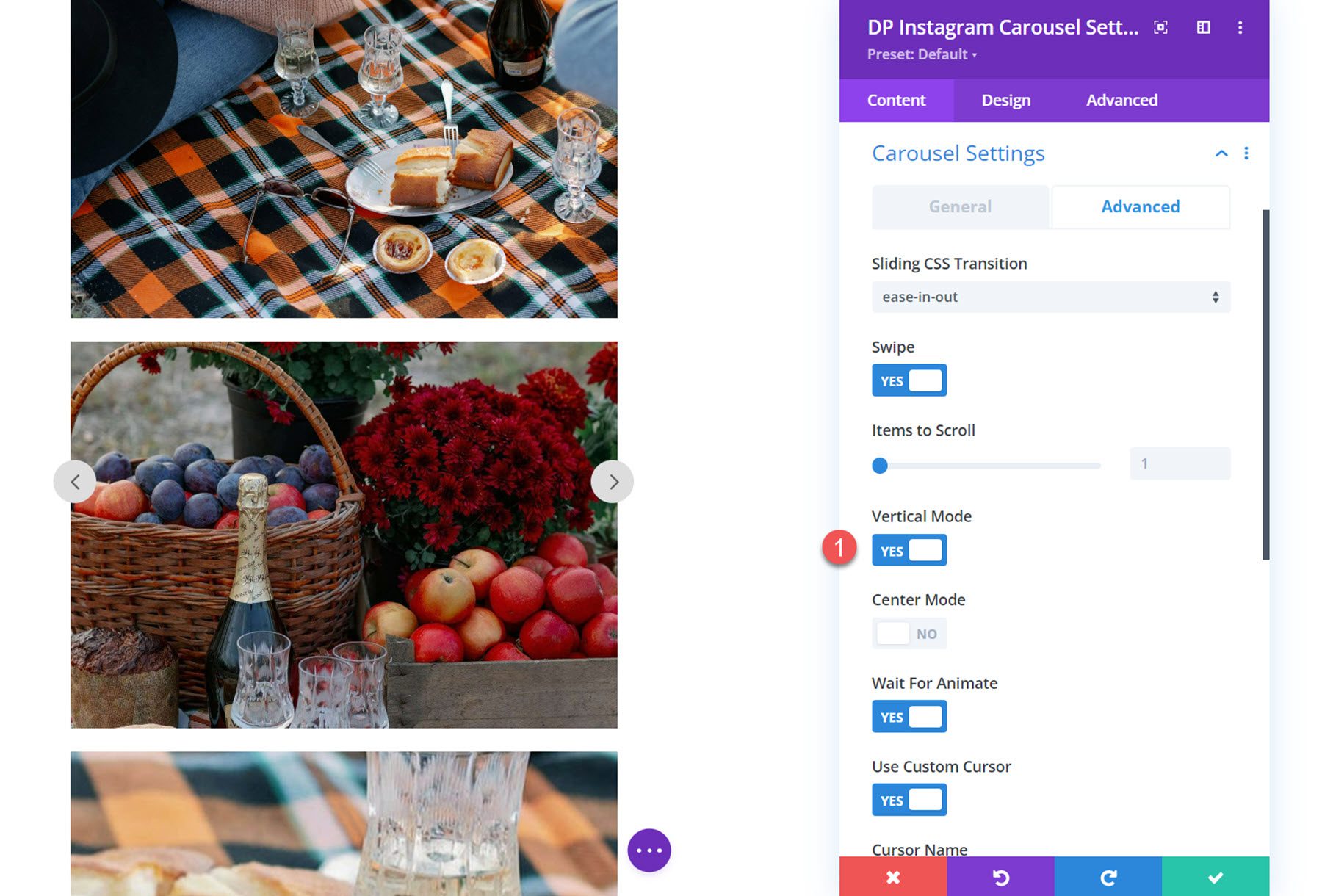 Modalità verticale del carosello Instagram Divi Social Plus