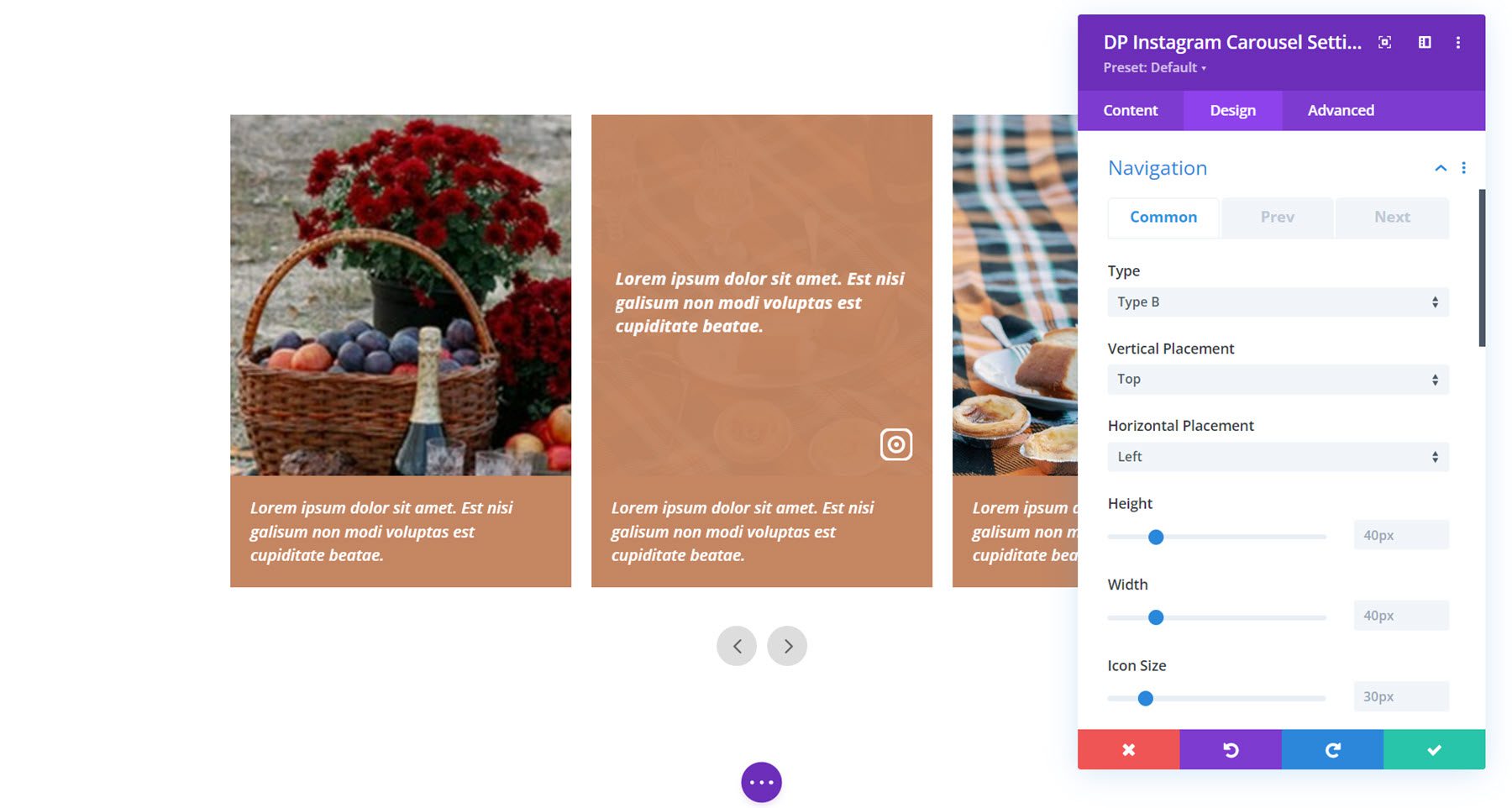 Navigation dans le carrousel Instagram de Divi Social Plus