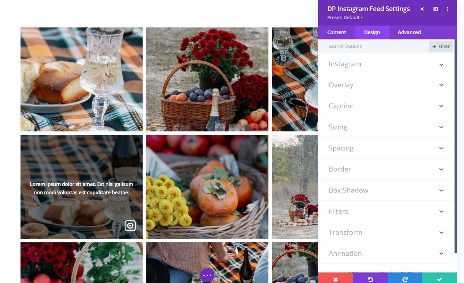 Divi Social Plus Impostazioni di progettazione del feed Instagram