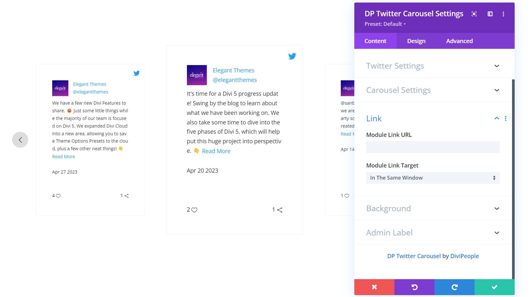 Divi Social Plus Twitter Carousel Impostazioni contenuto