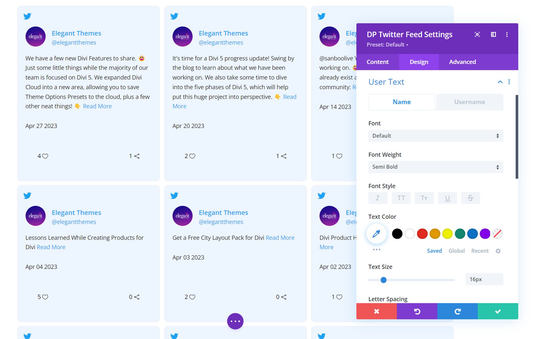 Divi Social Plus Twitter 피드 사용자 텍스트