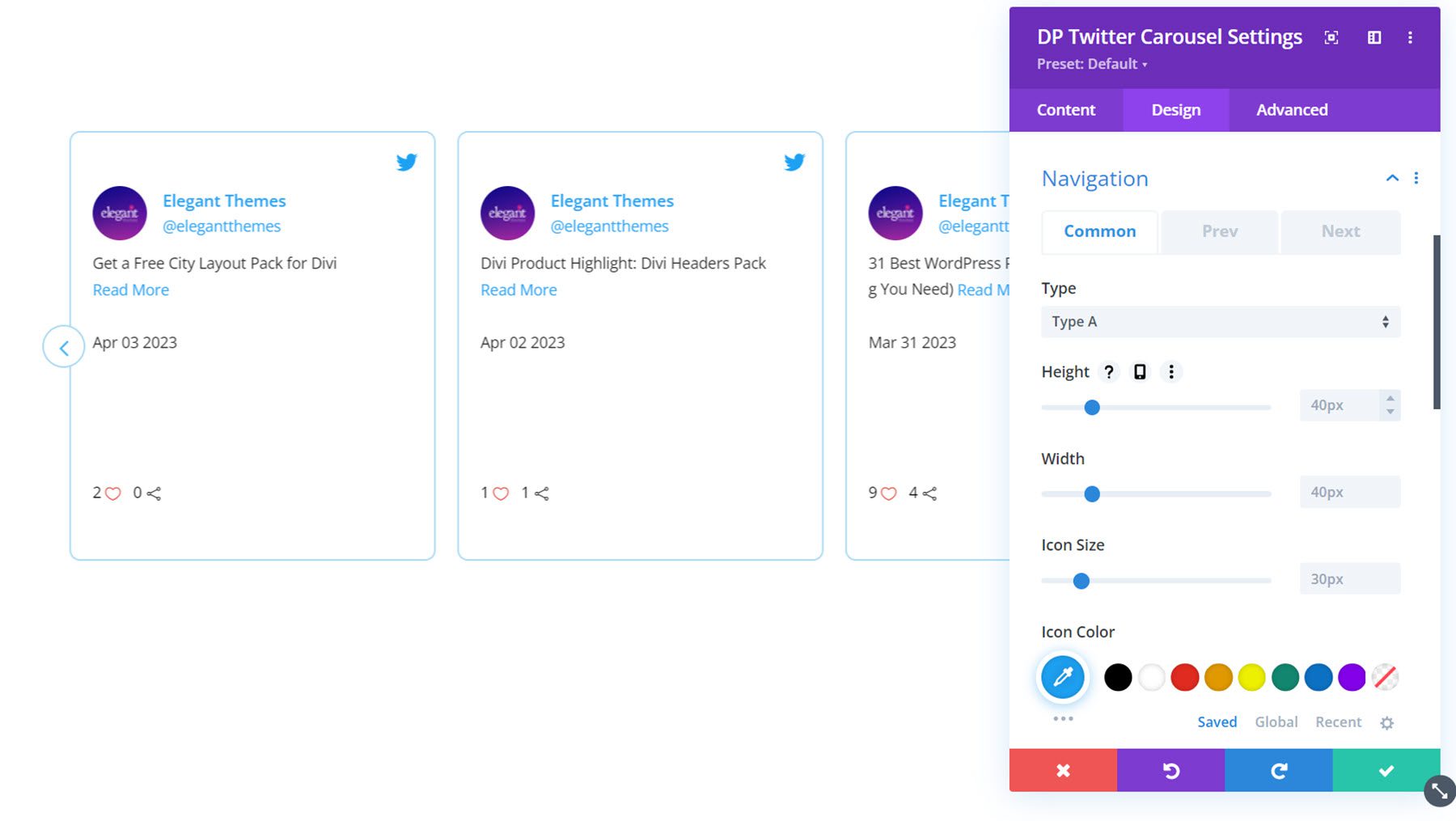 Divi Social Plus Navigazione a carosello su Twitter