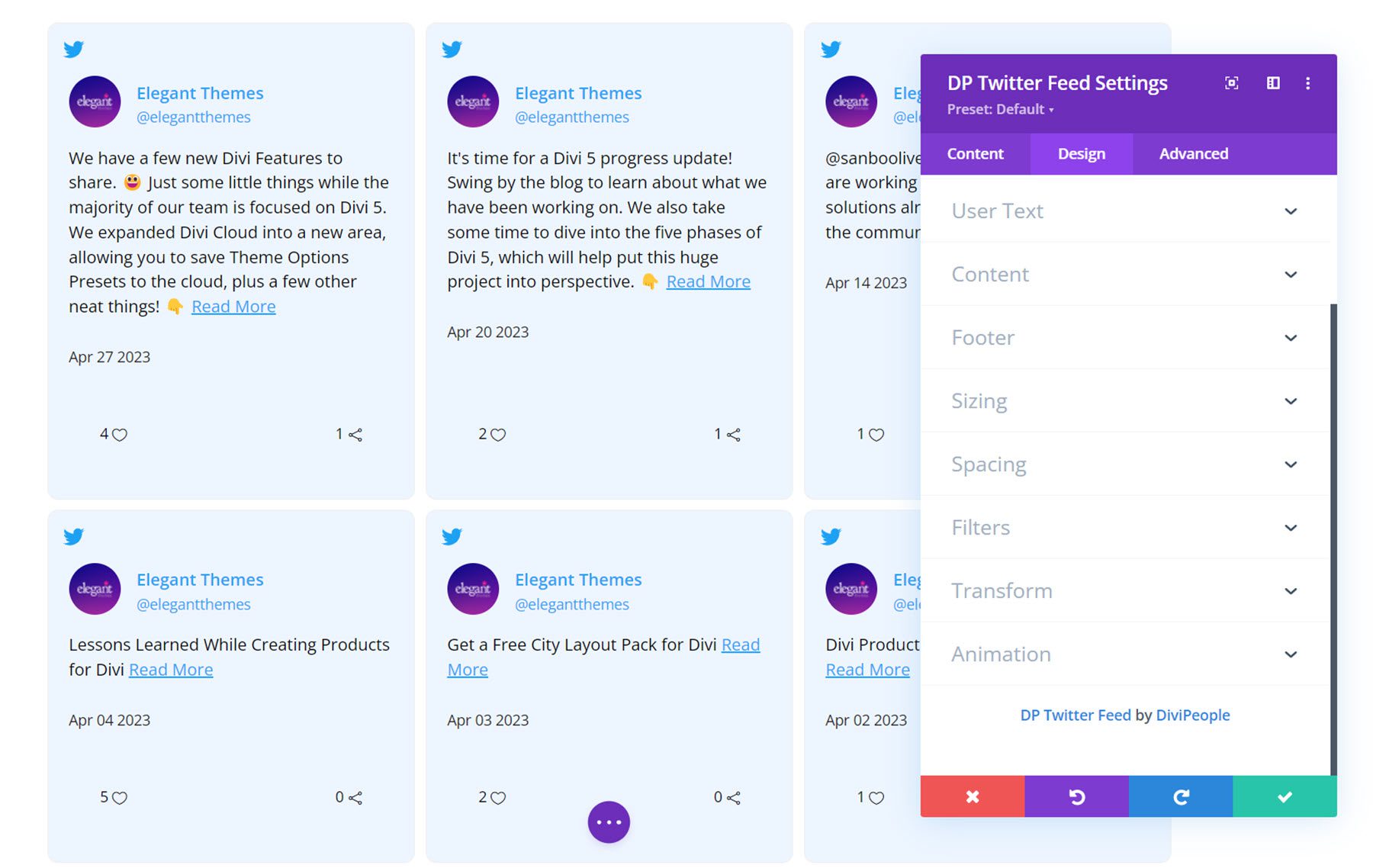 Divi Social Plus Twitter 피드 디자인 설정