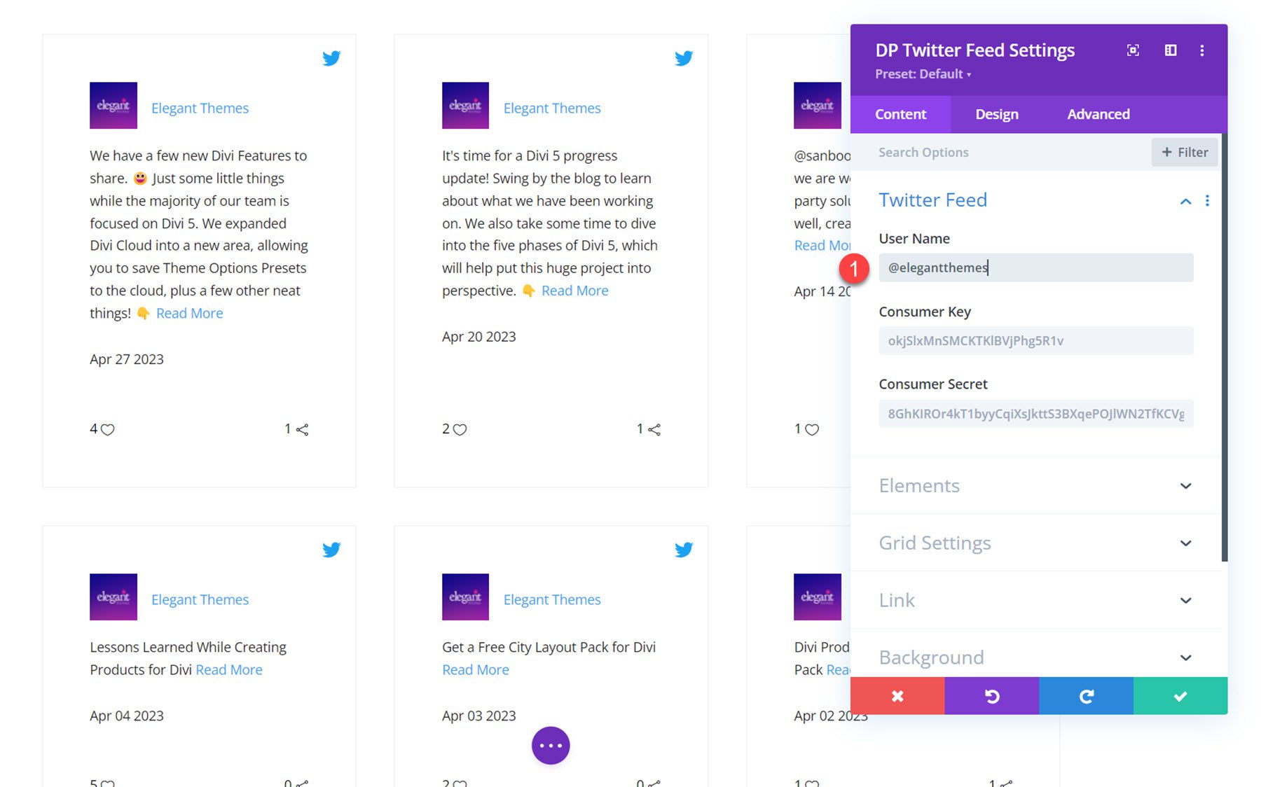 Nome utente del feed Twitter di Divi Social Plus