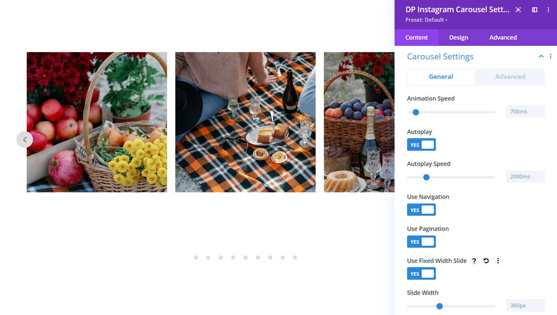 إعدادات Divi Social Plus Instagram Carousel Carousel