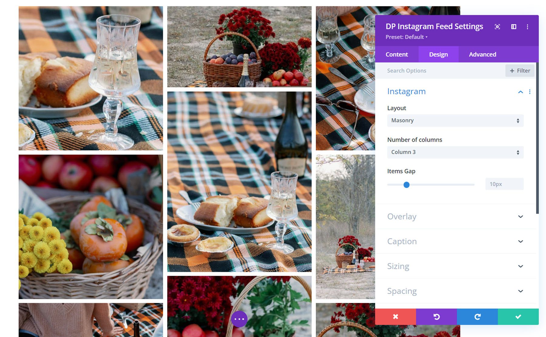 Layout in muratura del feed Instagram di Divi Social Plus