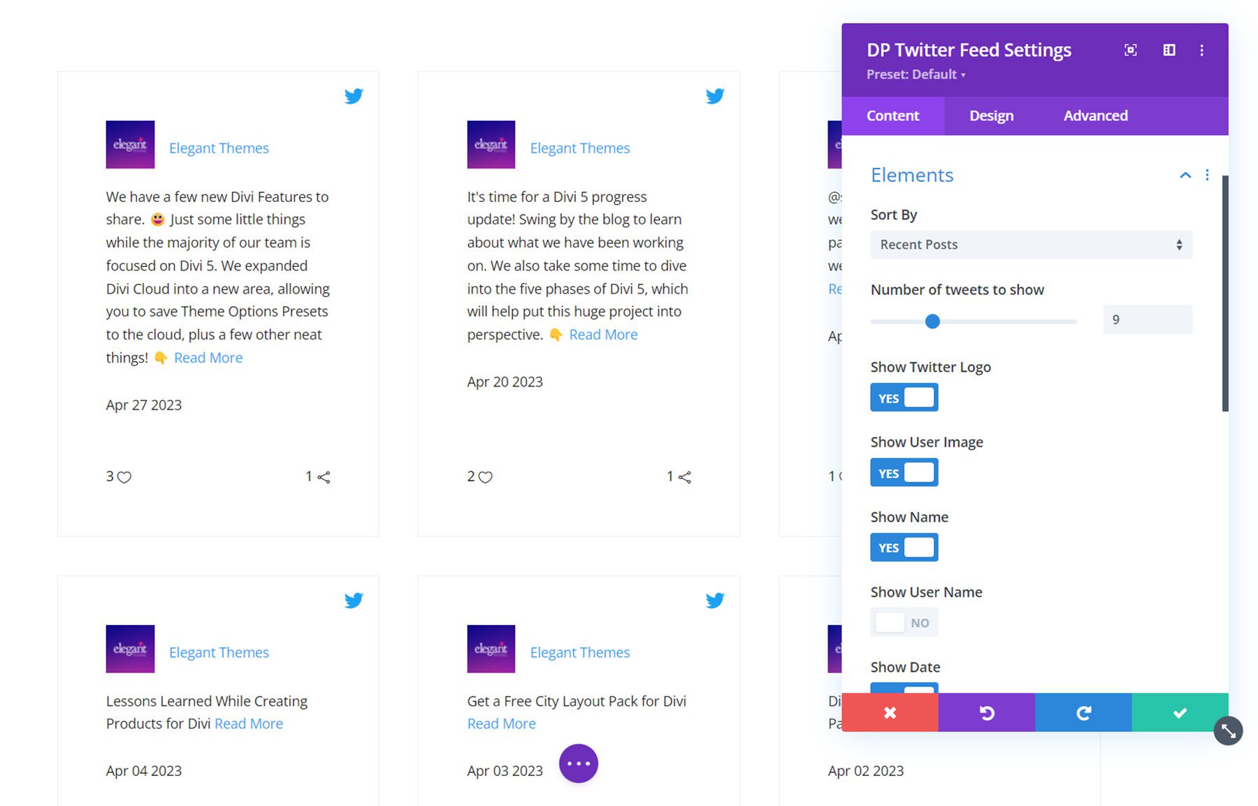 Elementos de feed de Twitter de Divi Social Plus