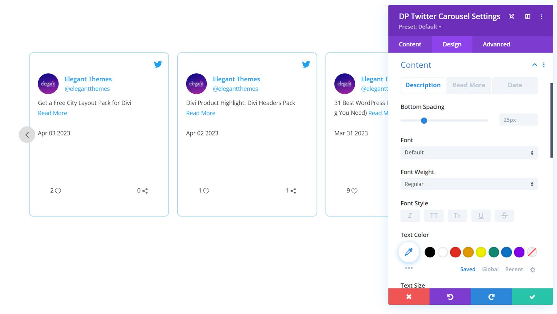 Contenido del carrusel de Twitter de Divi Social Plus