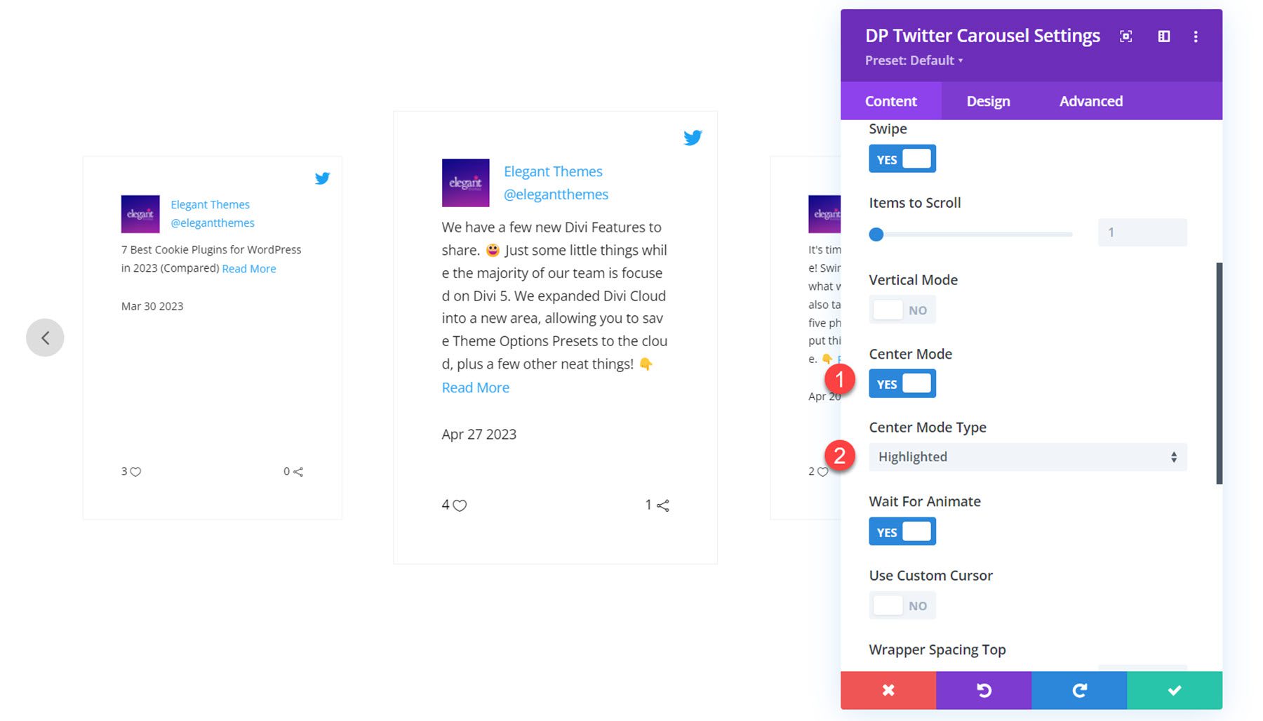 Divi Social Plus Twitter-Karussell-Center-Modus