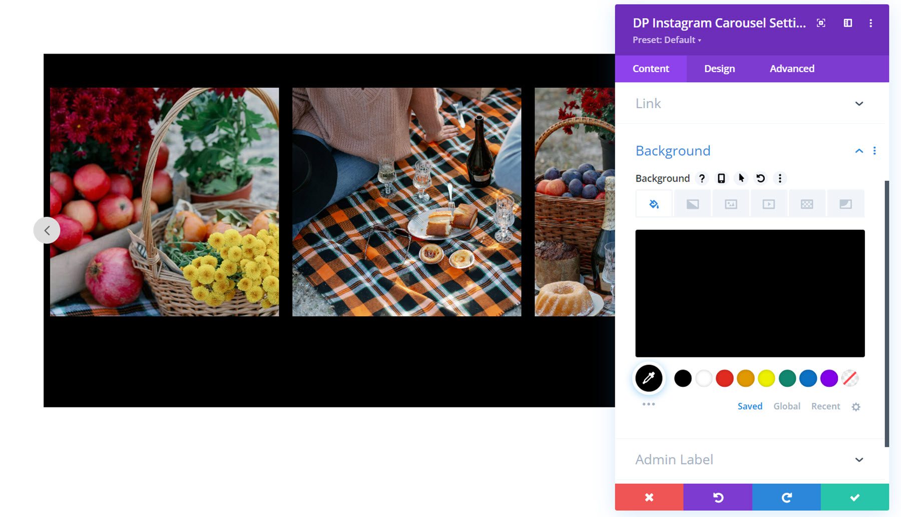 Фон карусели Divi Social Plus в Instagram