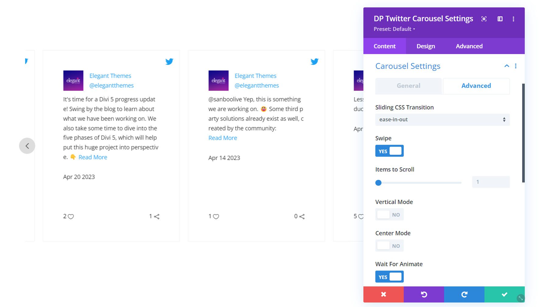 Divi Social Plus Twitter-Karussell Erweiterte Karusselleinstellungen