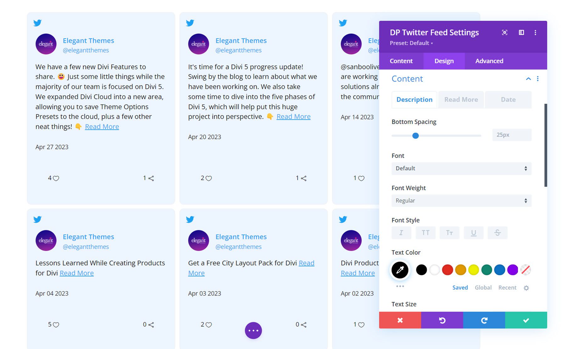 Contenido de la fuente de Twitter de Divi Social Plus