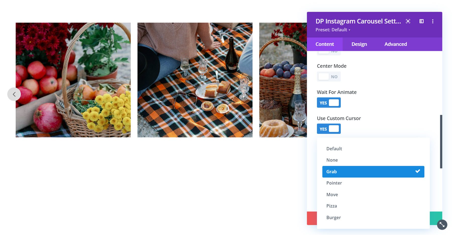 Cursore personalizzato del carosello Instagram Divi Social Plus