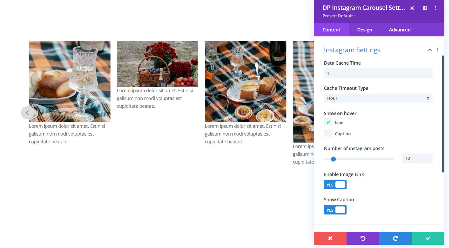 Divi Social Plus Instagram Carrossel Configurações do Instagram