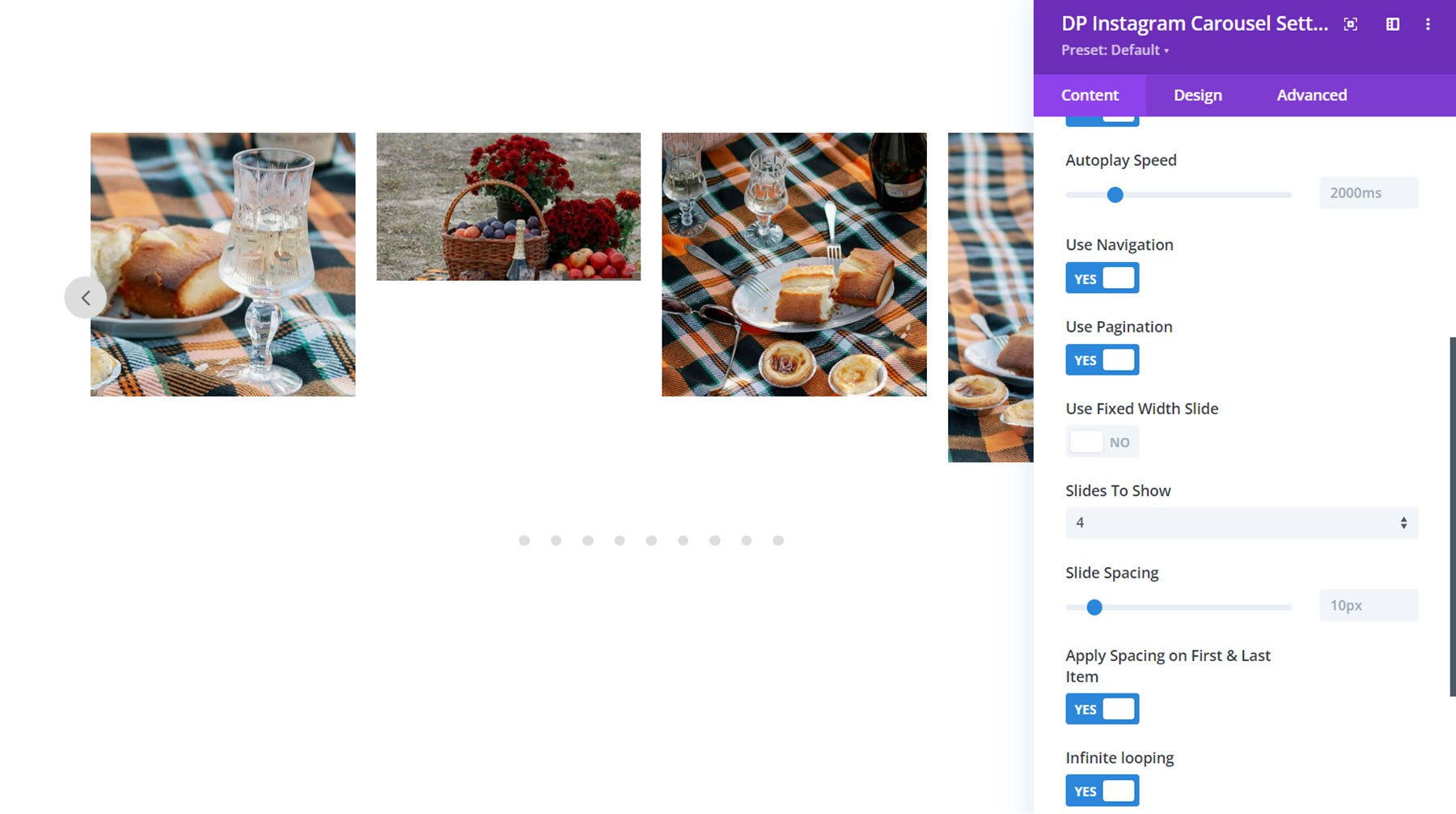 Divi Social Plus Instagram Carousel Impostazioni del carosello