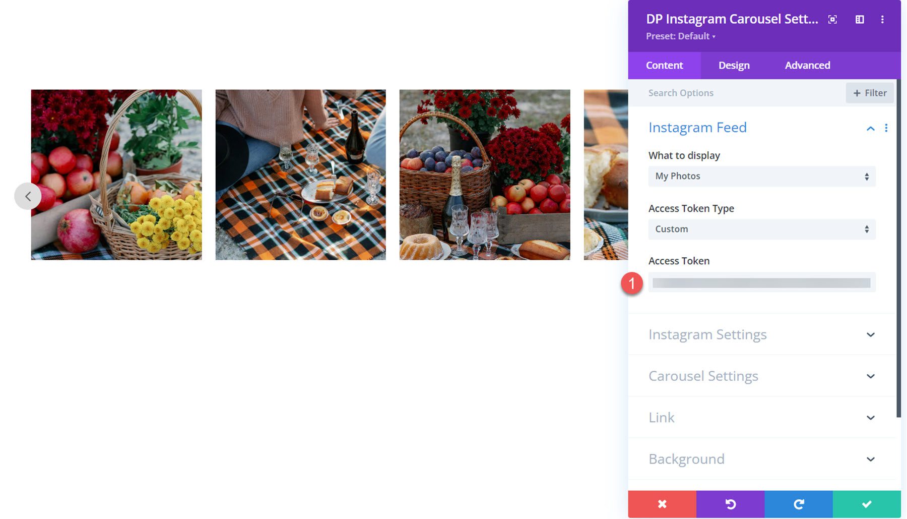 Divi Social Plus Token de acesso ao carrossel do Instagram