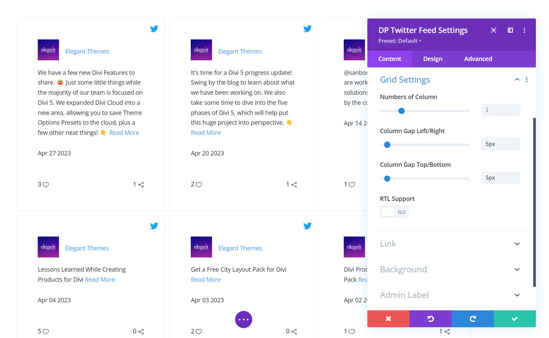 Ustawienia siatki kanałów Divi Social Plus na Twitterze