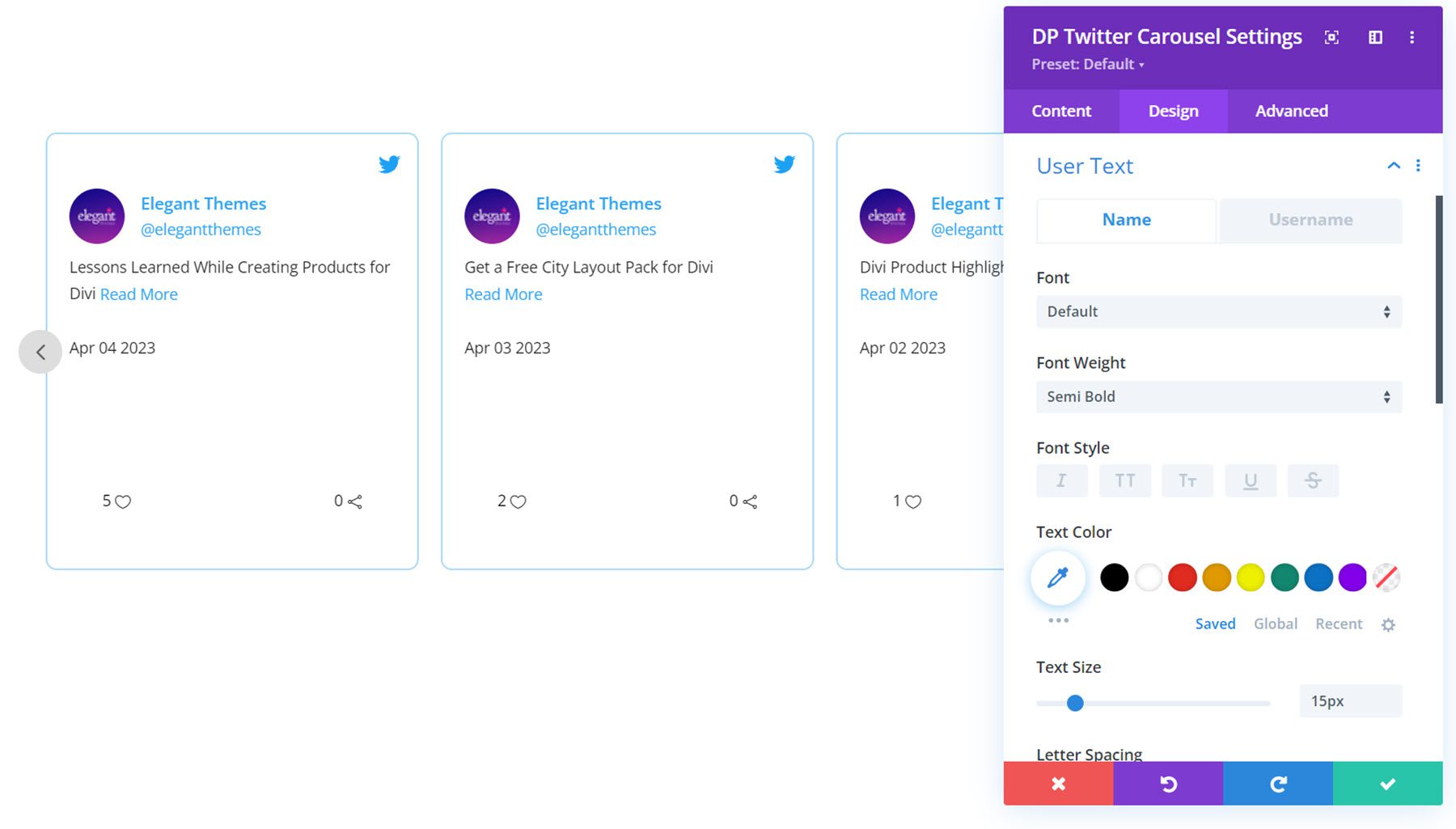 Divi Social Plus Twitter Carousel Texto do usuário