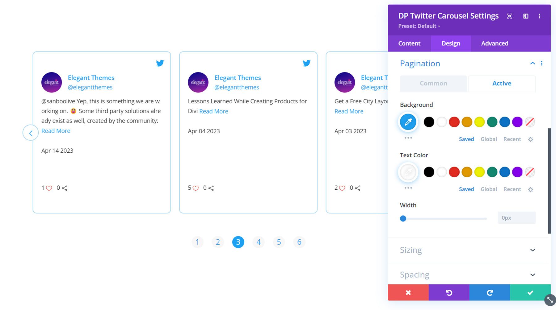 Divi Social Plus Twitter Carousel การแบ่งหน้าที่ใช้งานอยู่