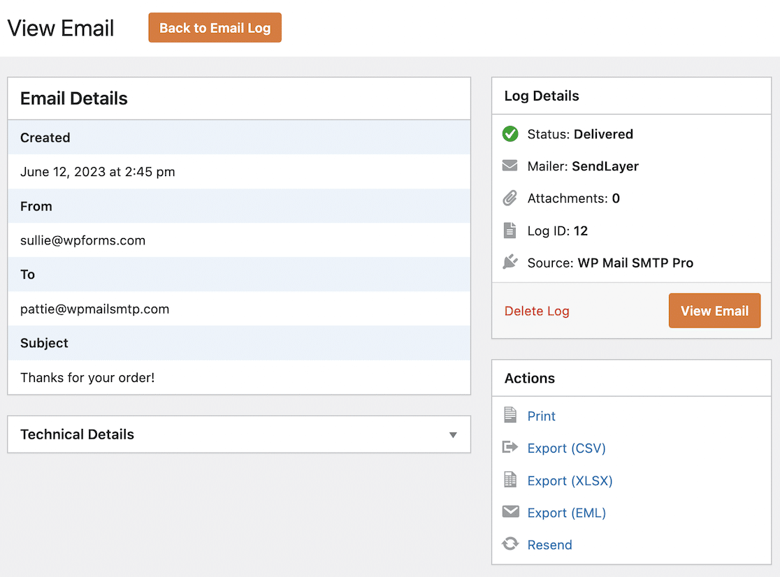 WP Mail SMTP email details