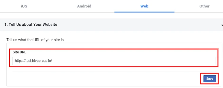 Inserimento dell'URL di un sito Web durante la creazione dell'app FB.