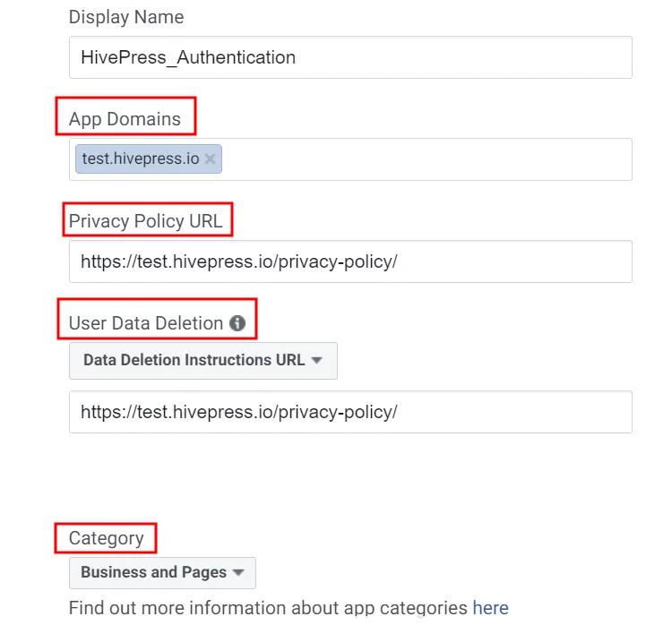 Web sitemle ilgili ayrıntıları Facebook for Developers sayfasında doldurmak.