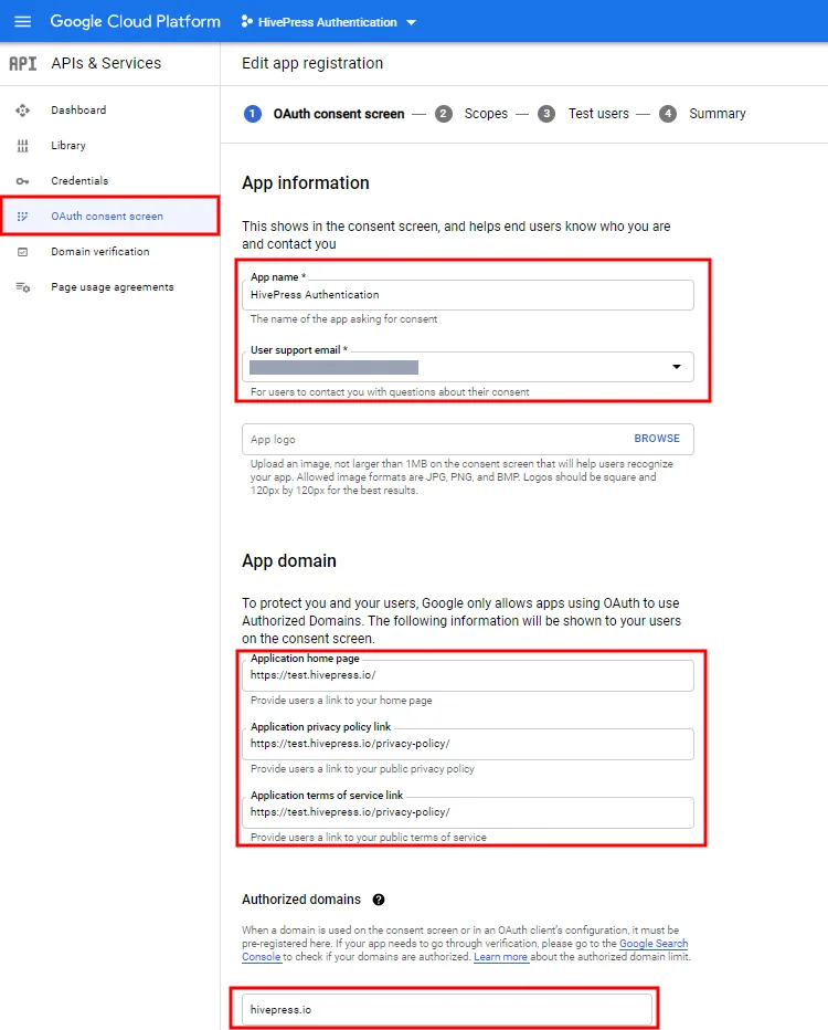 Mengisi detail di halaman layar persetujuan Google OAuth.