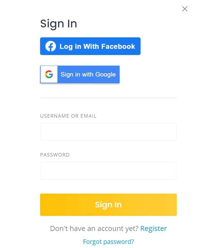 Beispiel für Social-Login-Buttons im Website-Registrierungsformular.