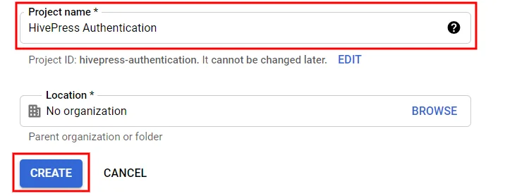 Criando um novo projeto de API do Google.