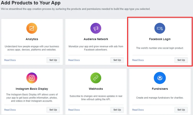 Adicionar produtos ao aplicativo do Facebook.