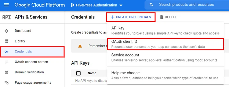 Creación de credenciales de la API de Google.