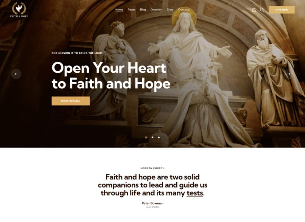 Faith & Hope - Temă WordPress nonprofit pentru biserică modernă și religie