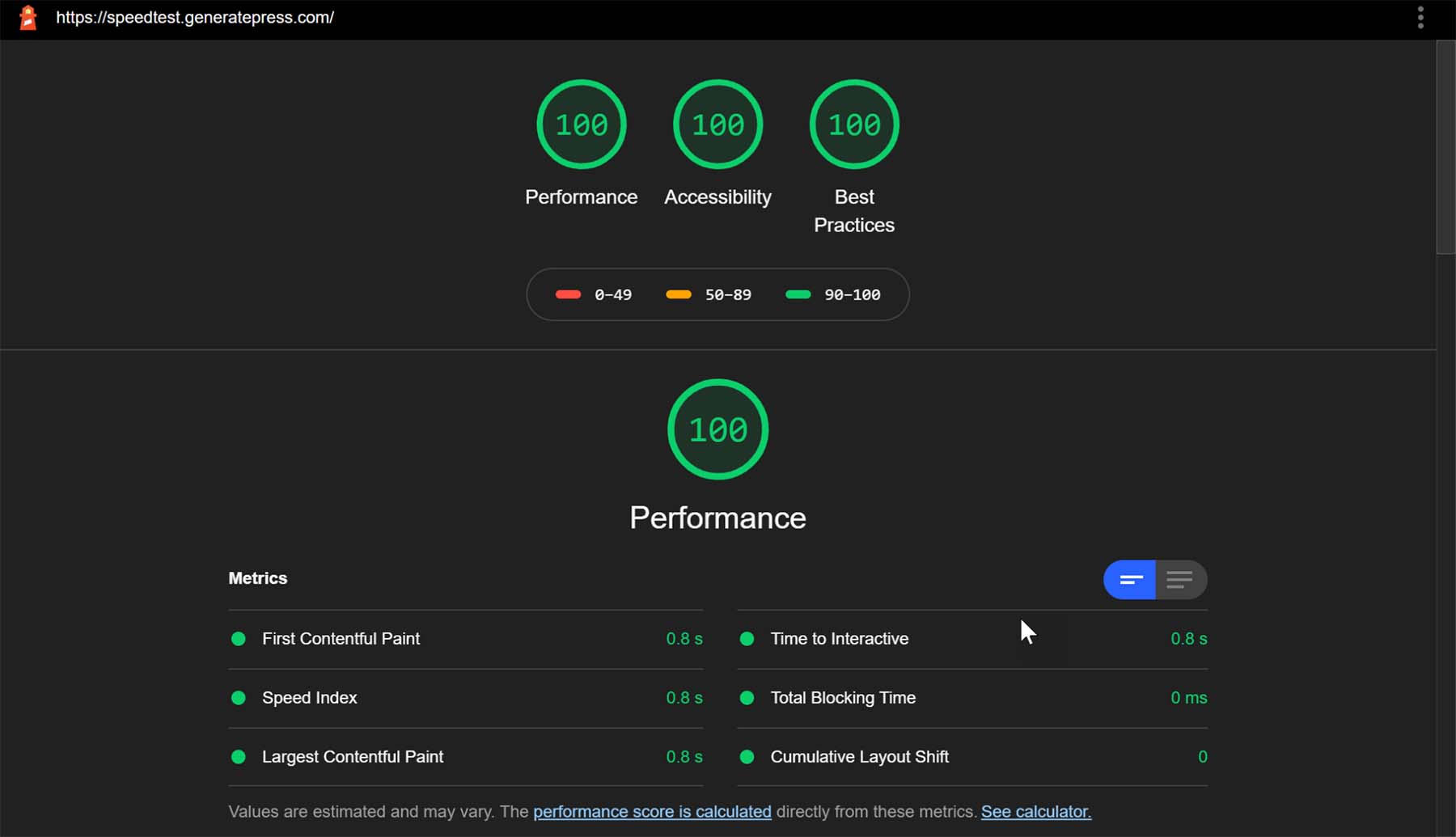 Calificaciones de rendimiento para GeneratePress