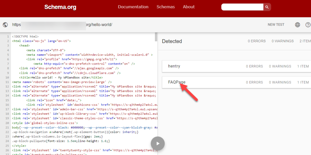 codice dello schema convalidato: visualizza le domande frequenti in WordPress