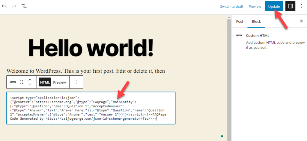 aggiorna il codice html - visualizza le FAQ in WordPress