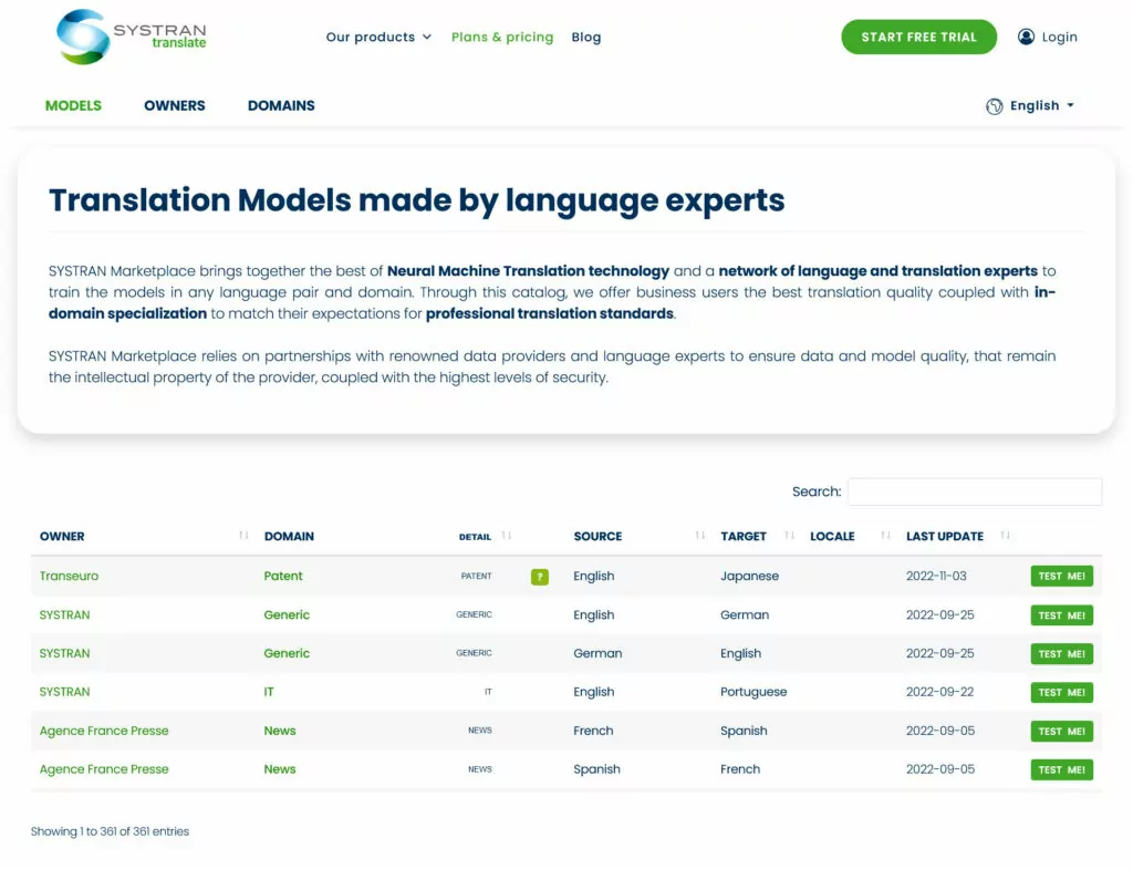 mercado systran para modelos de tradução treinados