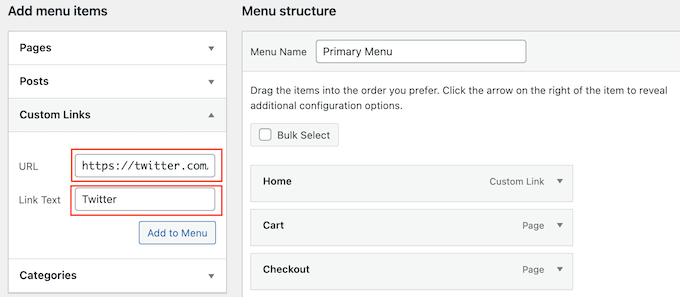 Adding link text to a website navigation menu