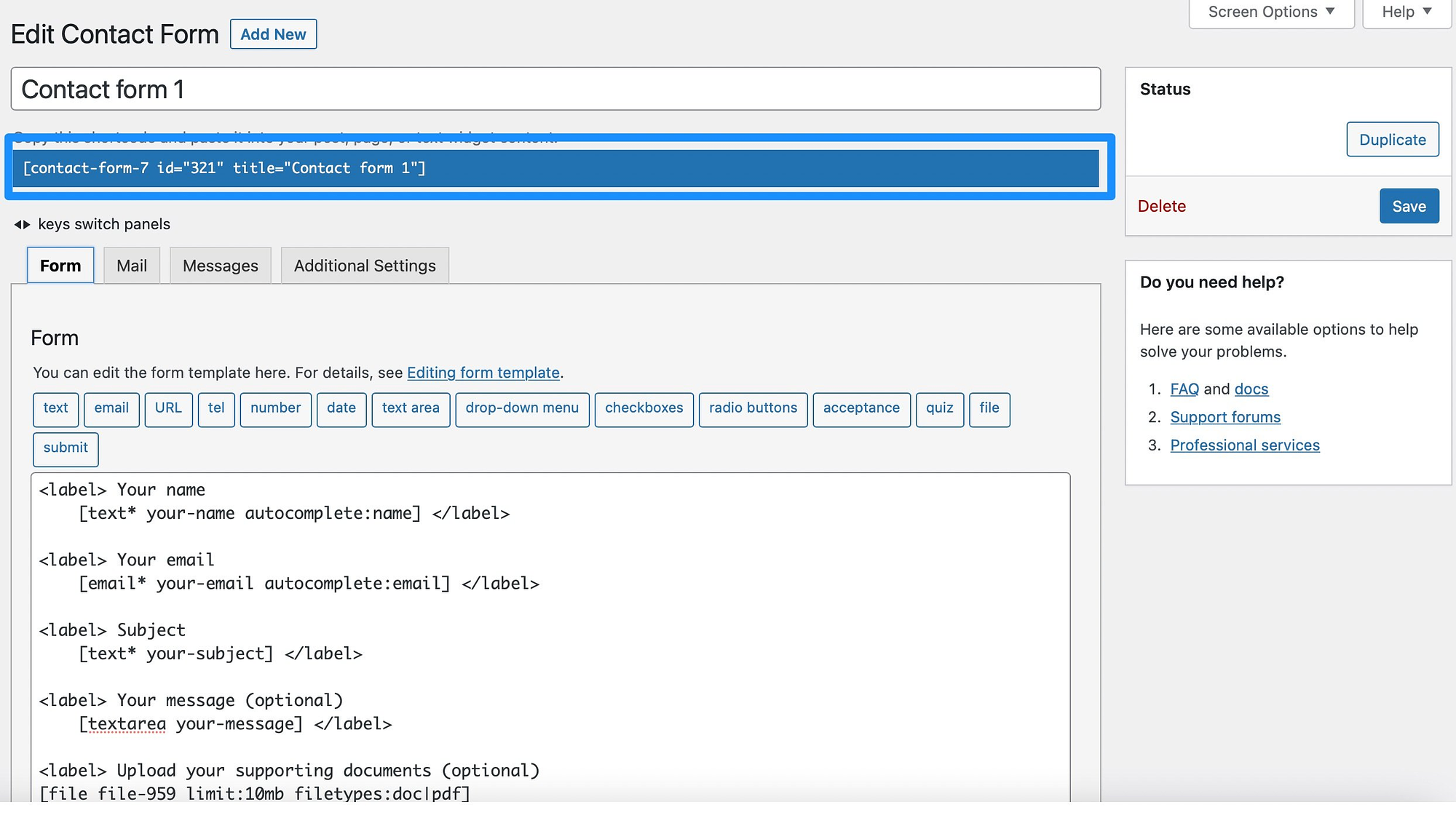 Salin kode pendek formulir untuk membuat formulir unggah file di WordPress.