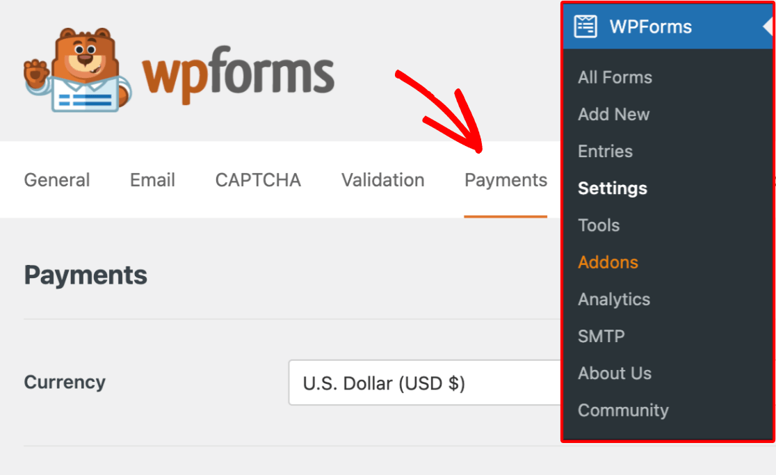 Abrindo as configurações de pagamentos do WPForms