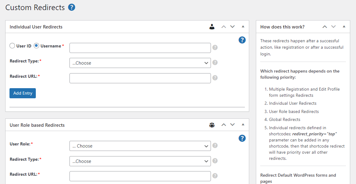 Configurer des redirections pour des utilisateurs individuels ou un rôle d'utilisateur