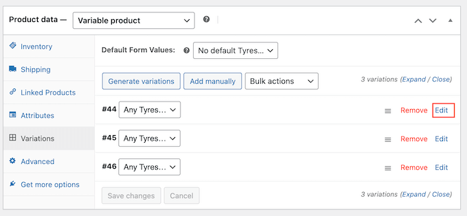 Editing a variable car part product