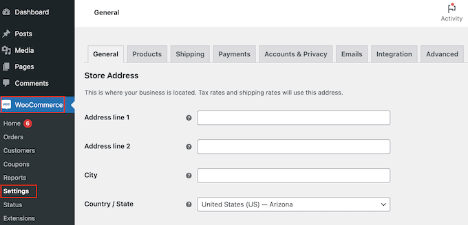 The WooCommerce settings screen