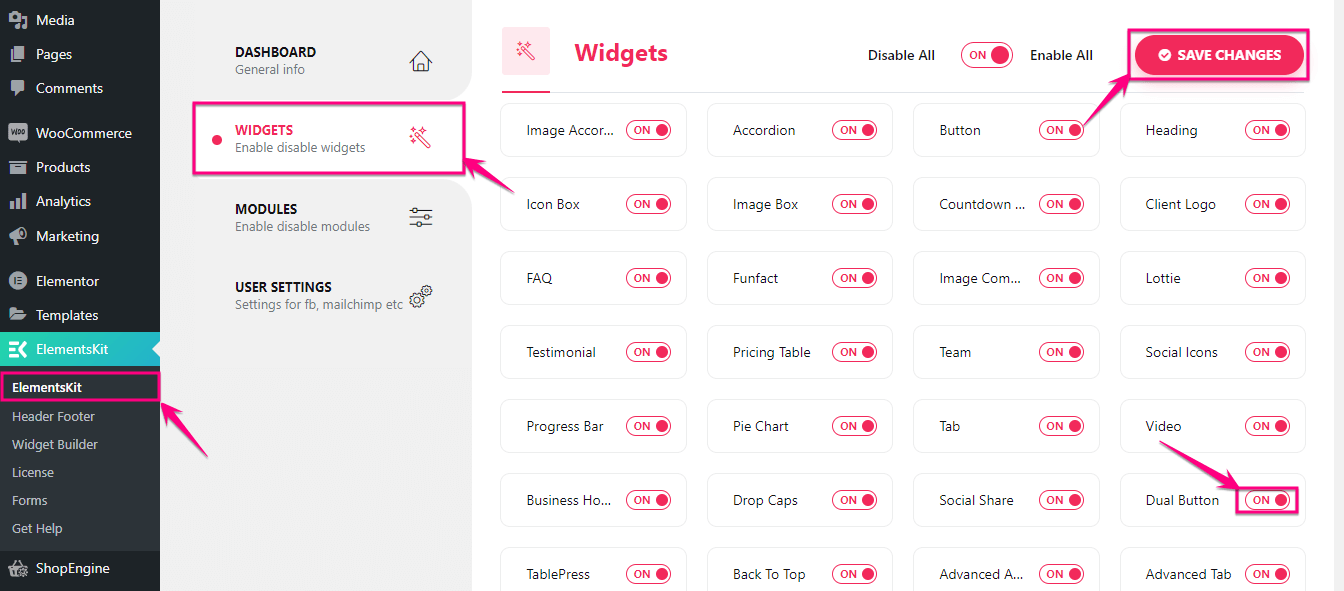 デュアルボタンプラグインである ElementsKit を有効にする