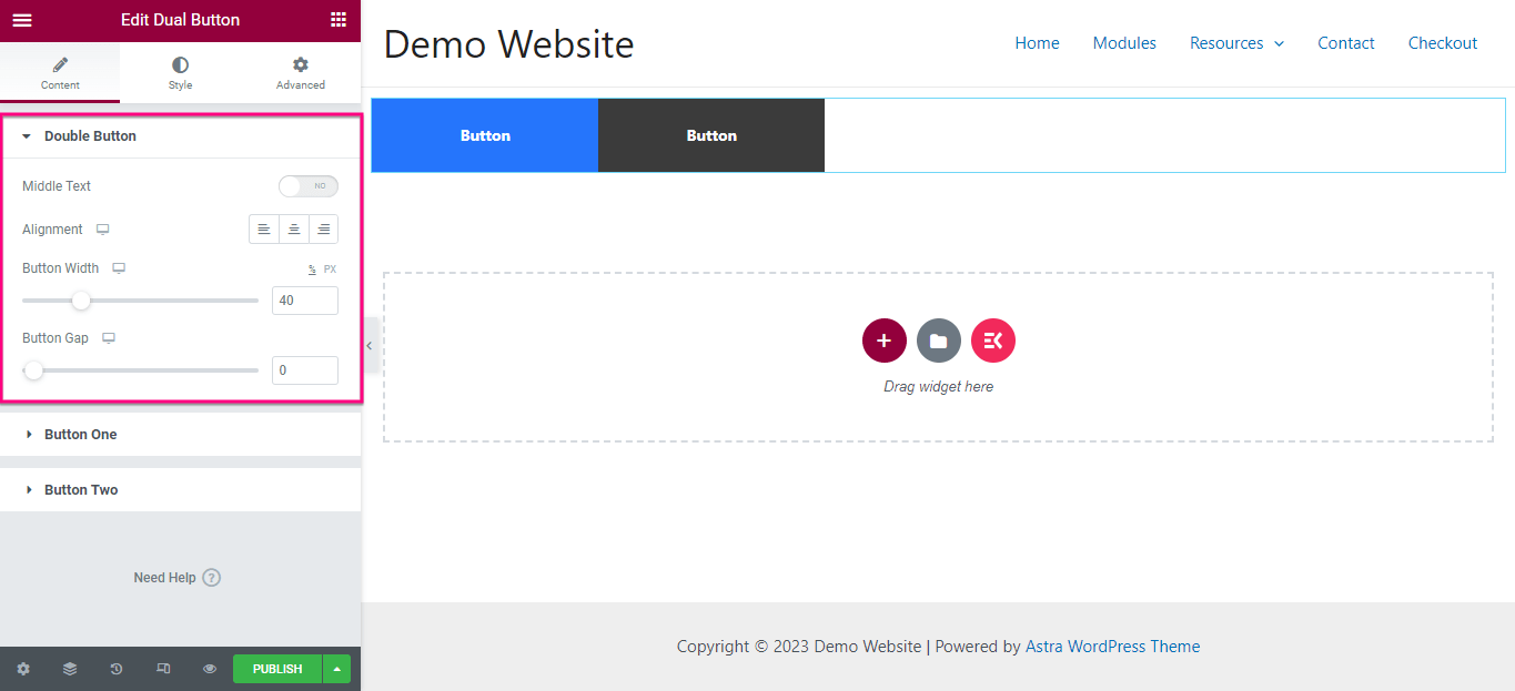 Personnalisation du contenu pour le double bouton à l'aide d'ElementsKit