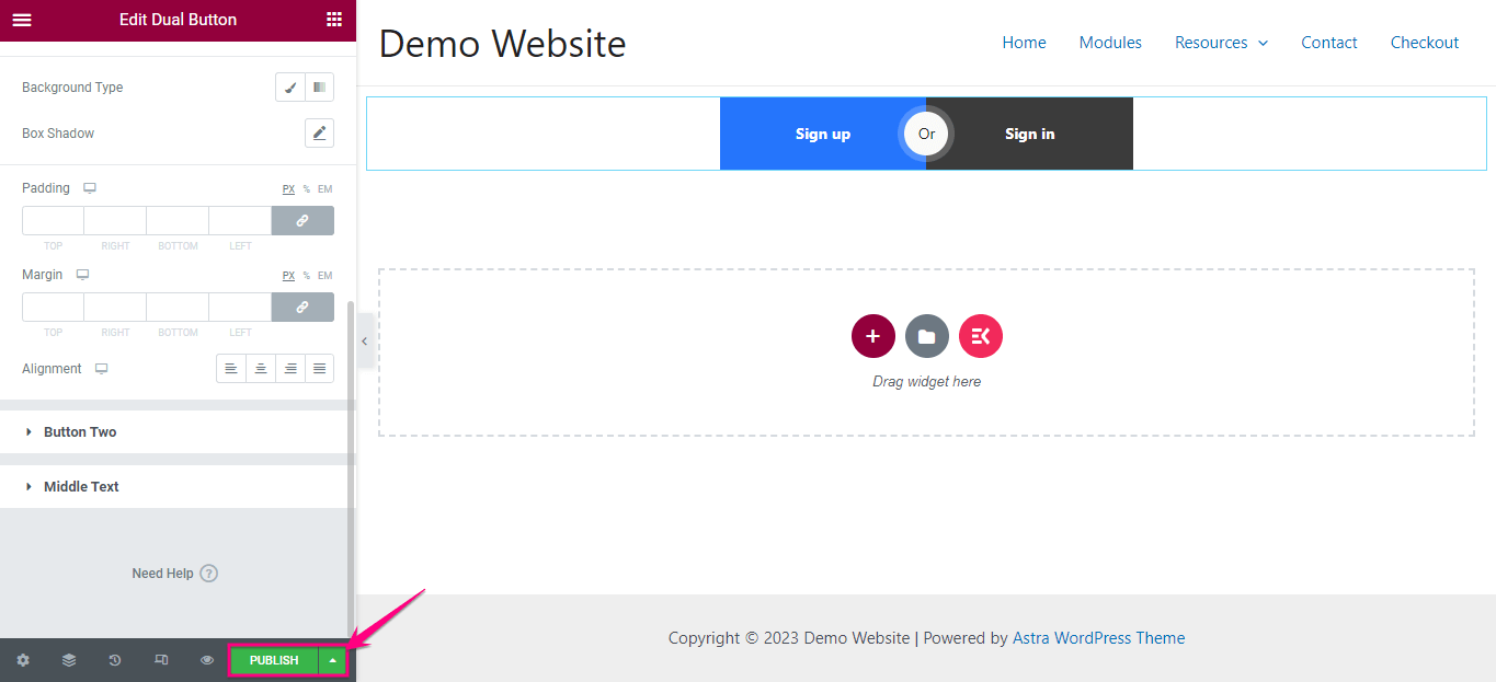 เผยแพร่ WordPress สองปุ่มด้วย ElementsKit