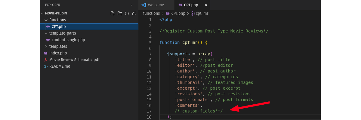 снимок экрана VSCode, показывающий PHP-код для плагина со стрелкой, указывающей на строку, в которой было внесено изменение