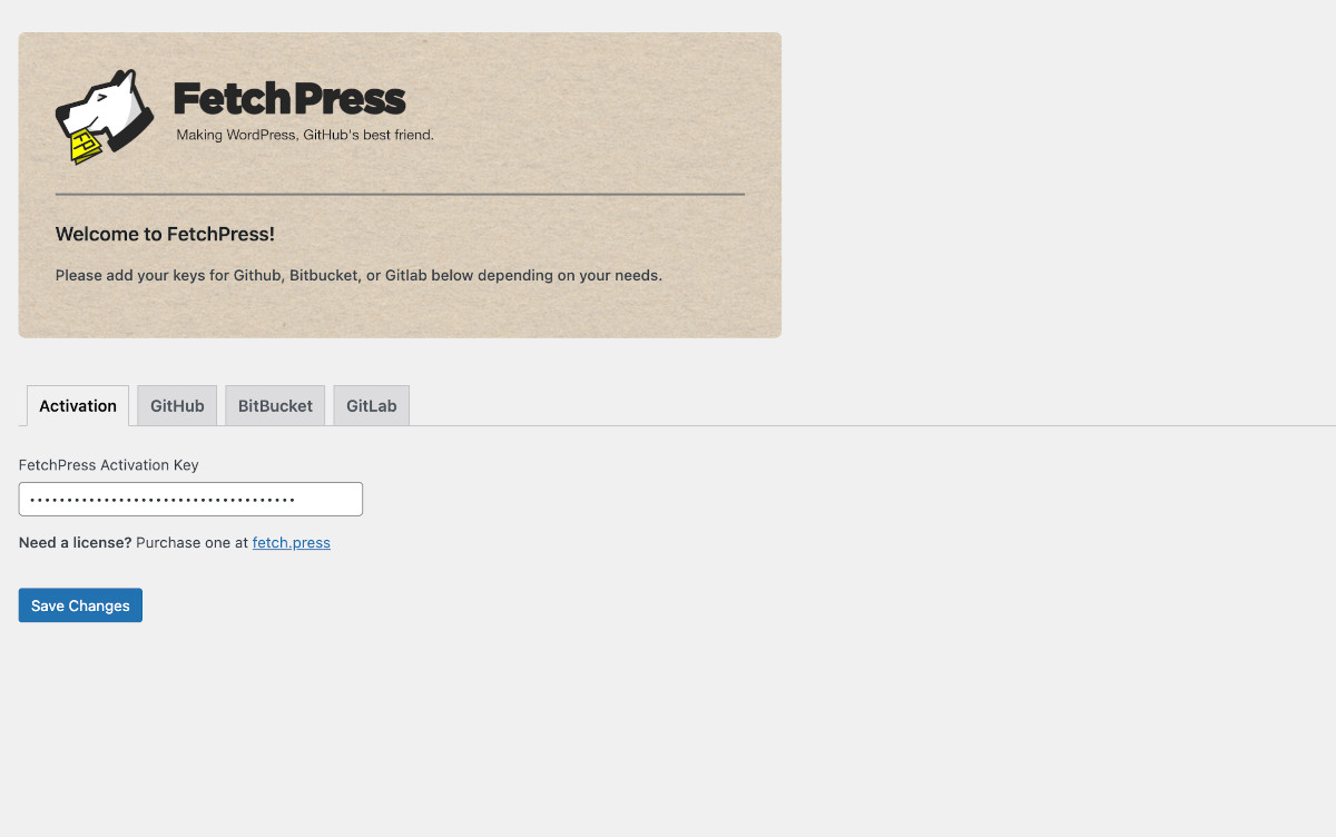 WordPress の FetchPress メインメニューのスクリーンショット