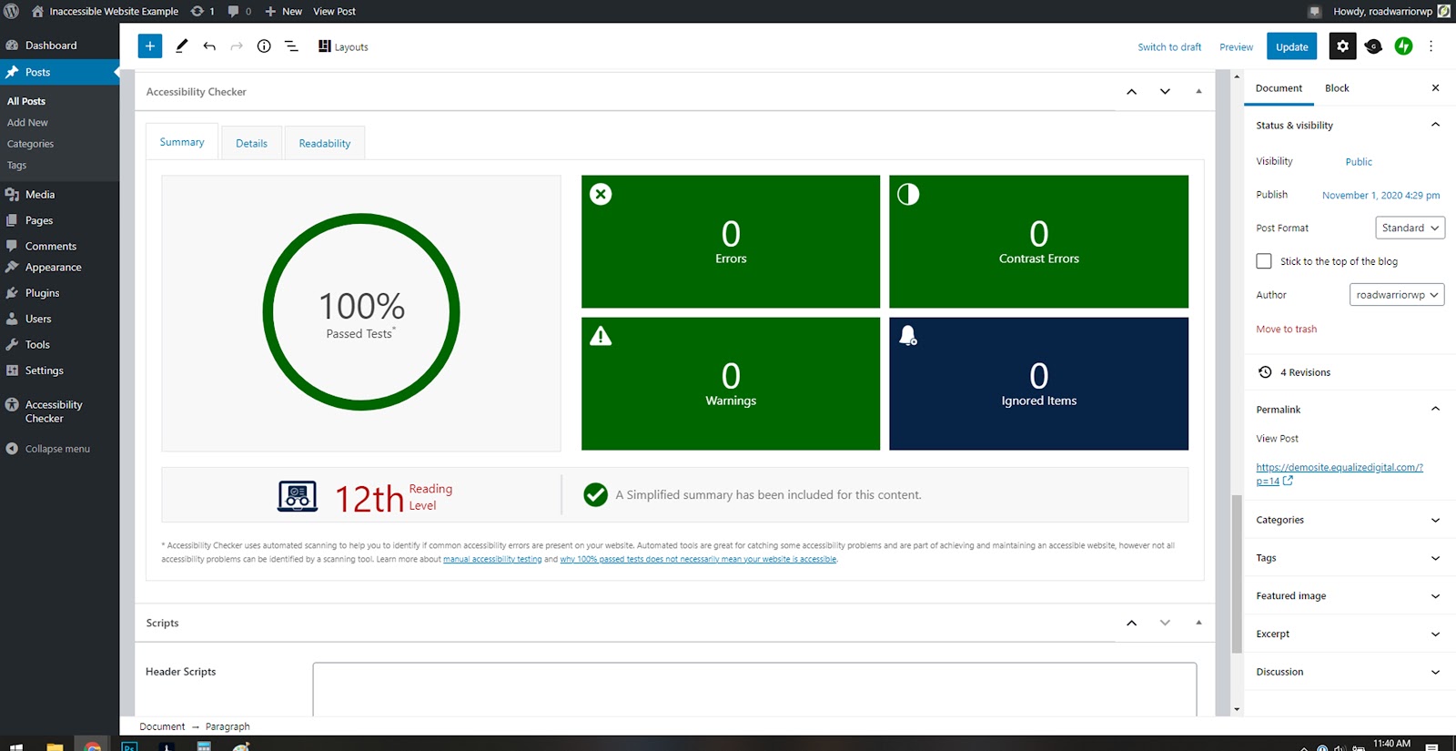 Capture d'écran du plug-in Accessibility Checker en cours d'exécution