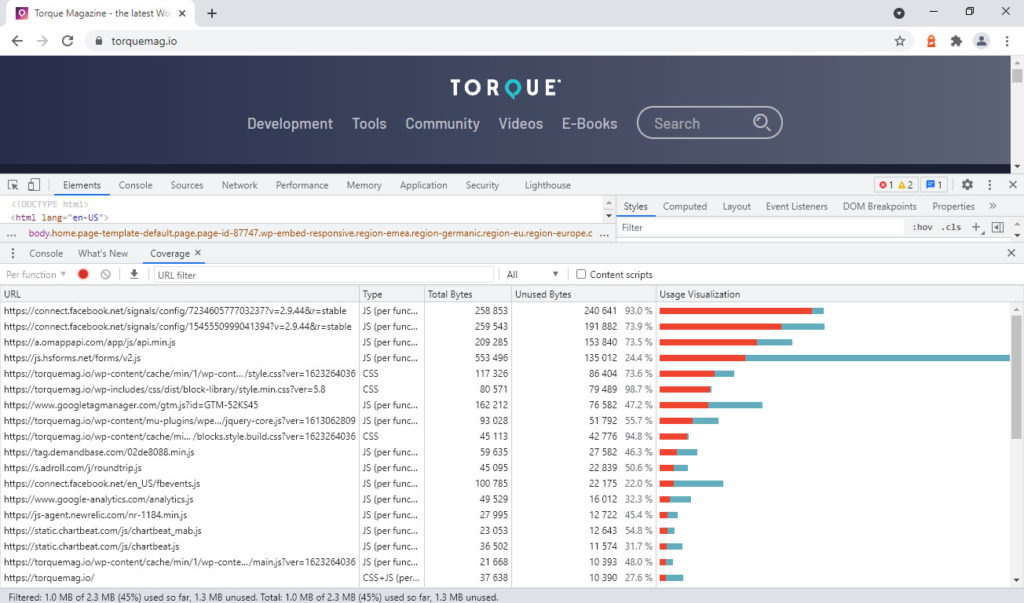 dados de cobertura de javascript css não utilizado em ferramentas de desenvolvedor do chrome